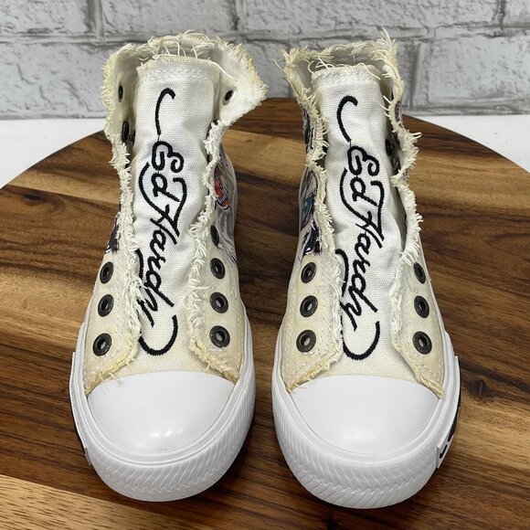 VTG Ed Hardy Canvas Laceless Skull Tiger Print Womens 5 High Top Slip On Shoes - Picture 9 of 13